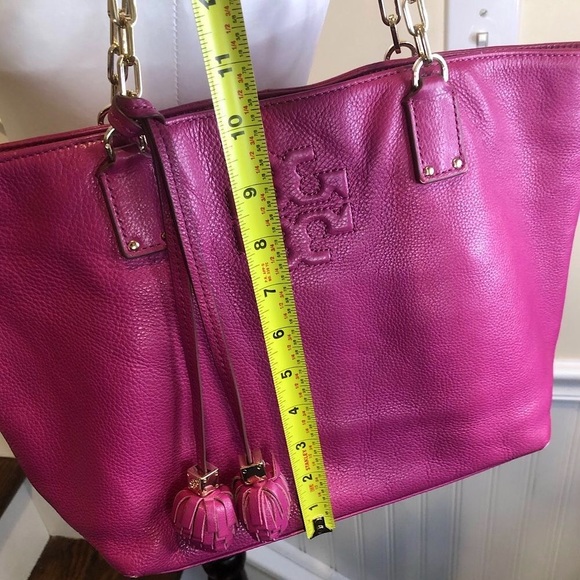 TORY BURCH Hot Pink Tumbled Leather Shoulder Bag w Embroidered Straps & Tassels - Picture 11 of 17
